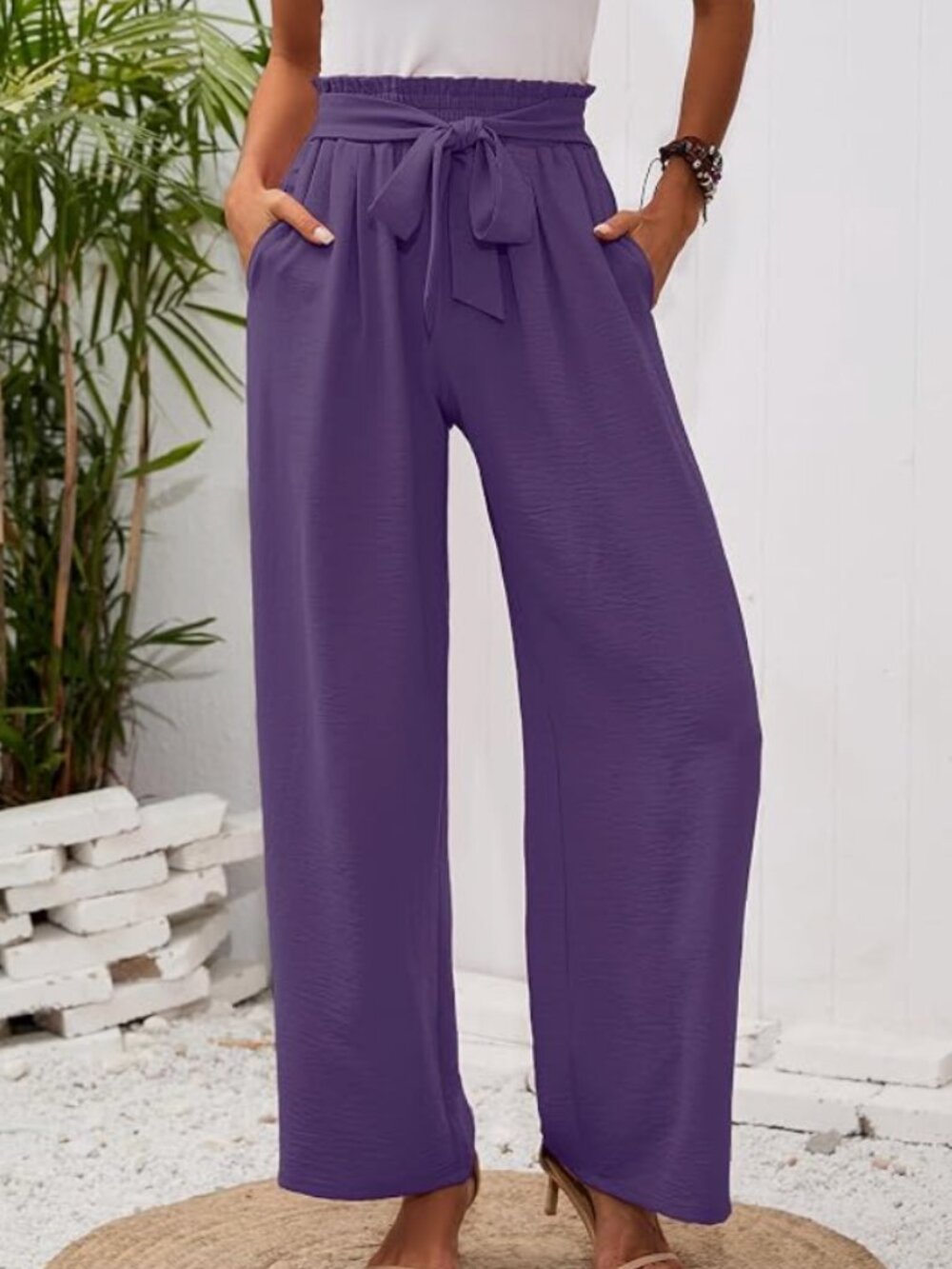 NWT High-Rise Purple Wide-Leg Pants with Tie Belt & Pockets - Large